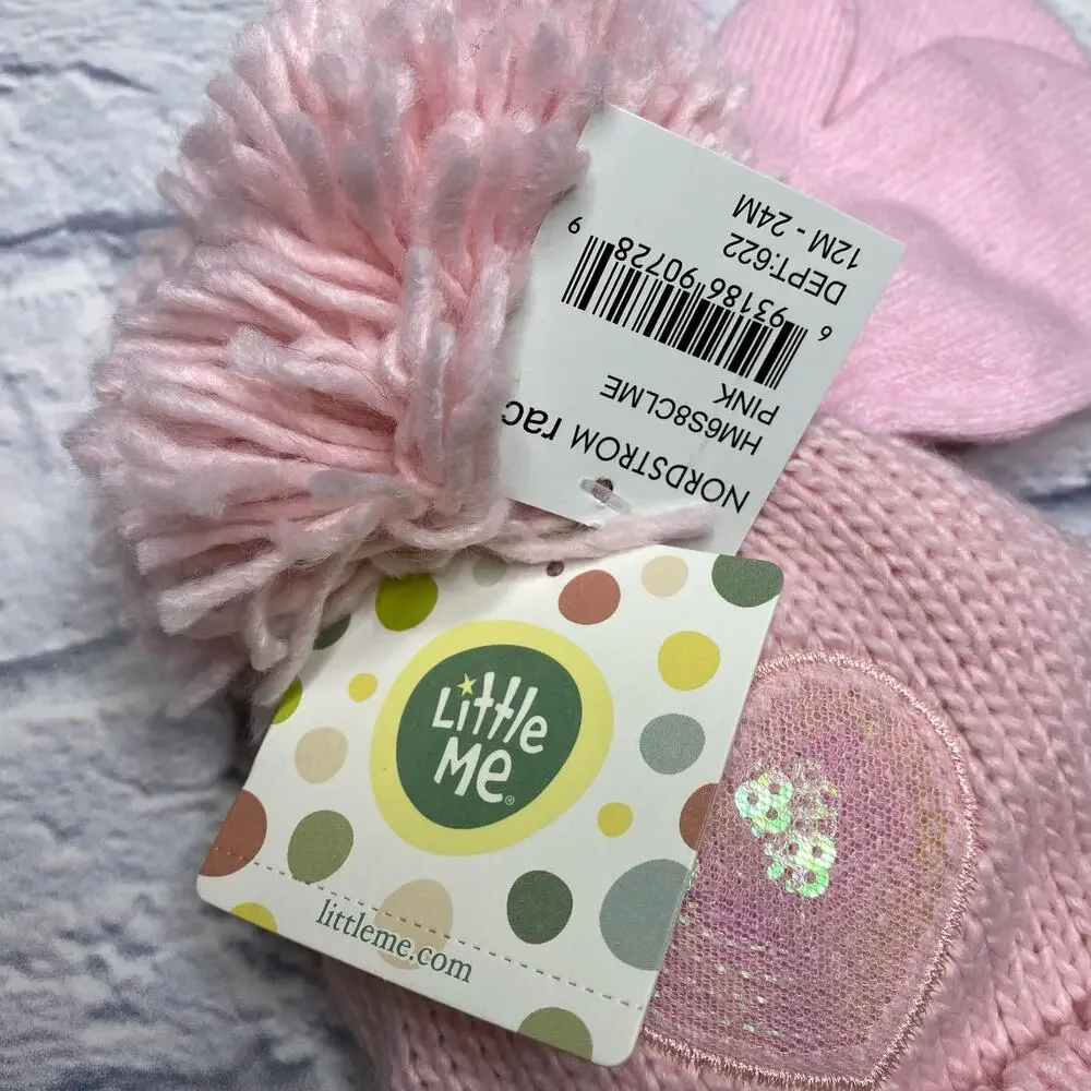 Little Me Sequin Heart Pom Pom Hat and Mitten Set in Pink